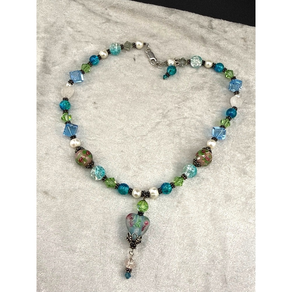 Glass‎ Beaded Necklace Blue Green 16"